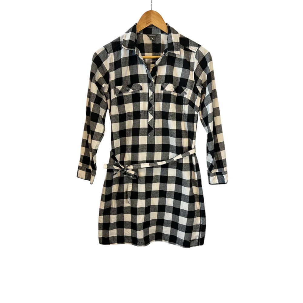 EDDIE BAUER Black & White Plaid Flannel Long Sleeve Short Casual Dress 2